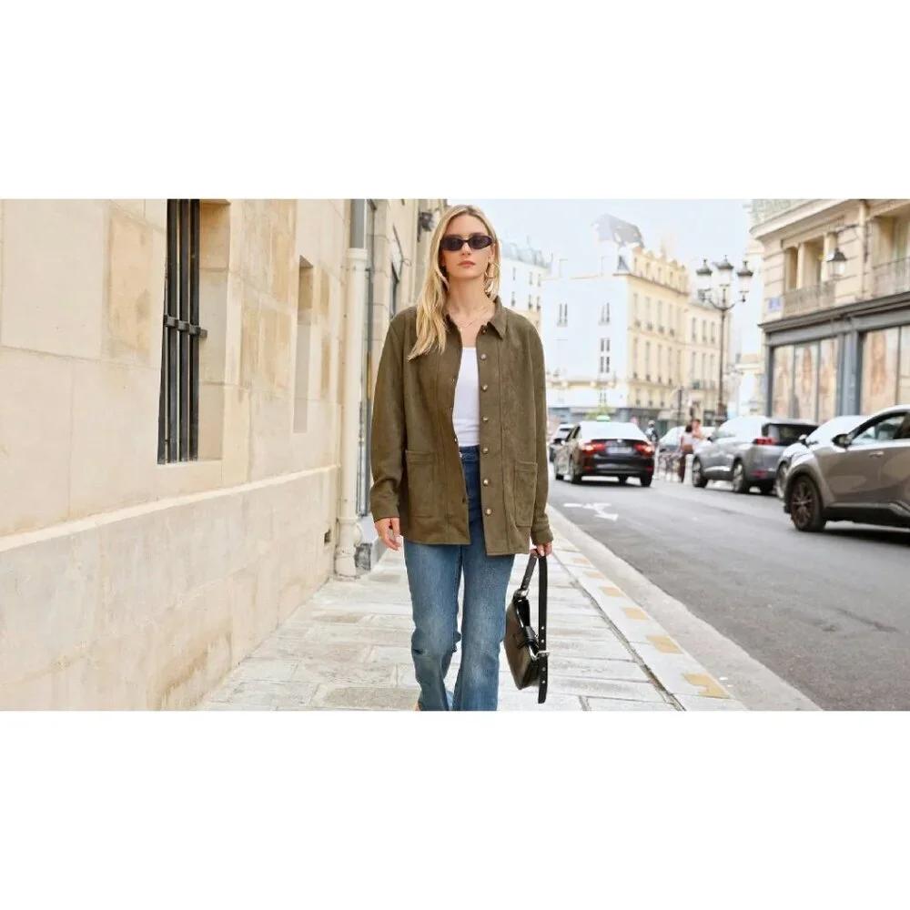 Faux Suede Button-Down Jacket Women's Size M Long Sleeve Shacket